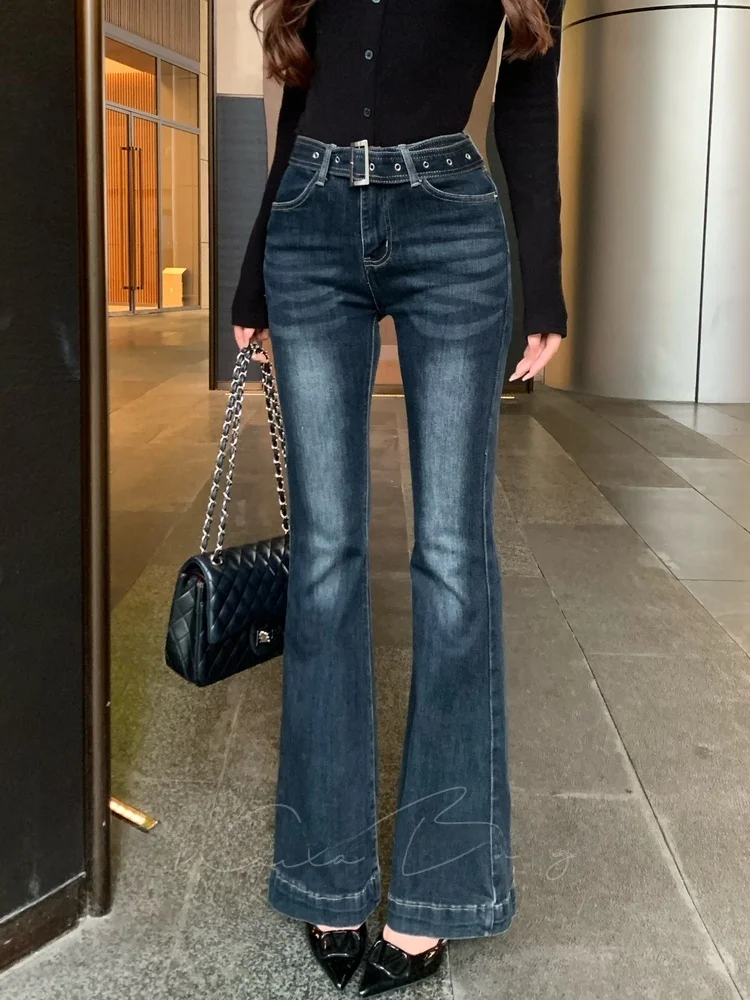 

Retro American Spicy Girl Deep Blue Slim Flared Jeans Square Buckle Waist Design Slimming Versatile Minority Women's Jeans