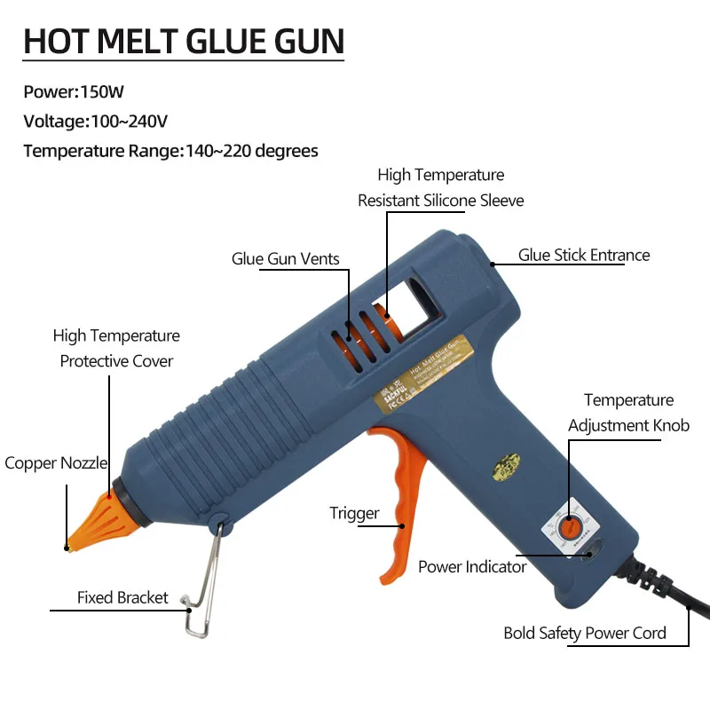 Hot Melt Glue Gun 150W Temperature Adjustable Glue Gun Long Nozzle For 11mm Glue Sticks Industrial and DIY Craft Hot Melt Gun