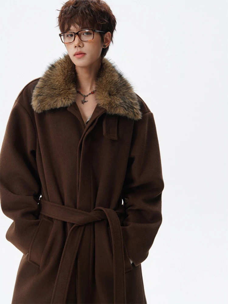 

Мужское шерстяное пальто со съемным меховым воротником средней длины, зимняя теплая свободная ветровка длиной до колена, верхняя одежда