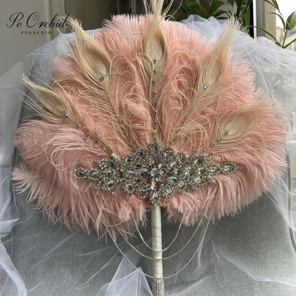 

PEORCHID Luxury Pink Crystal Wedding Feather Fan Gatsby Theme Bridal Bouquet Engagement Hand Fan Brides Roaring 20's Bouquet