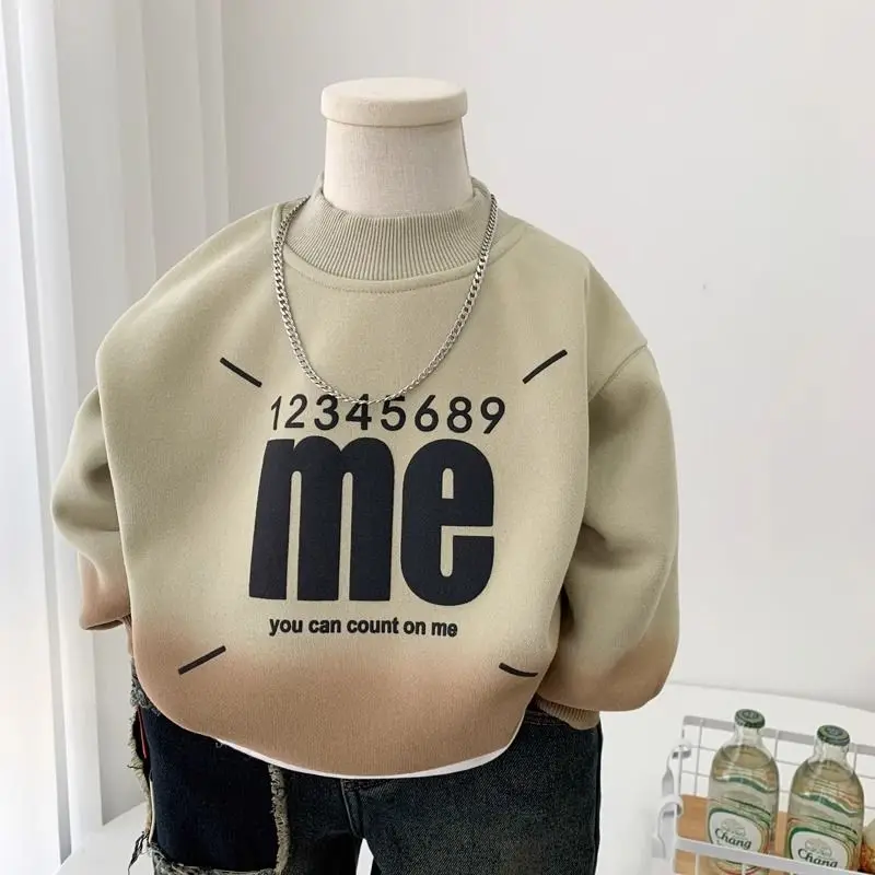 

Интегрированный пуловер на флисовой подкладке с градиентным принтом в корейском стиле, стильный пуловер с полувысоким воротником, осенний детский теплый топ