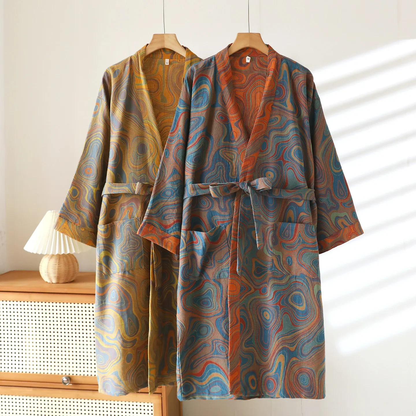 

Color Woven Cotton Nightgown for Women Pajamas Kimono Bathrobe with Double Pockets and Belt Homewear Clothes