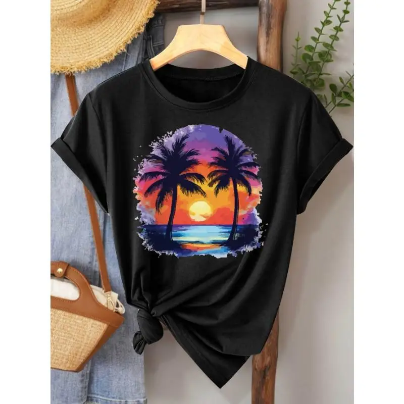

Sunset Palm Tree T-Shirt Tropical Beach Graphic Tee Unisex Summer Vacation Apparel Relaxing Holiday Gift