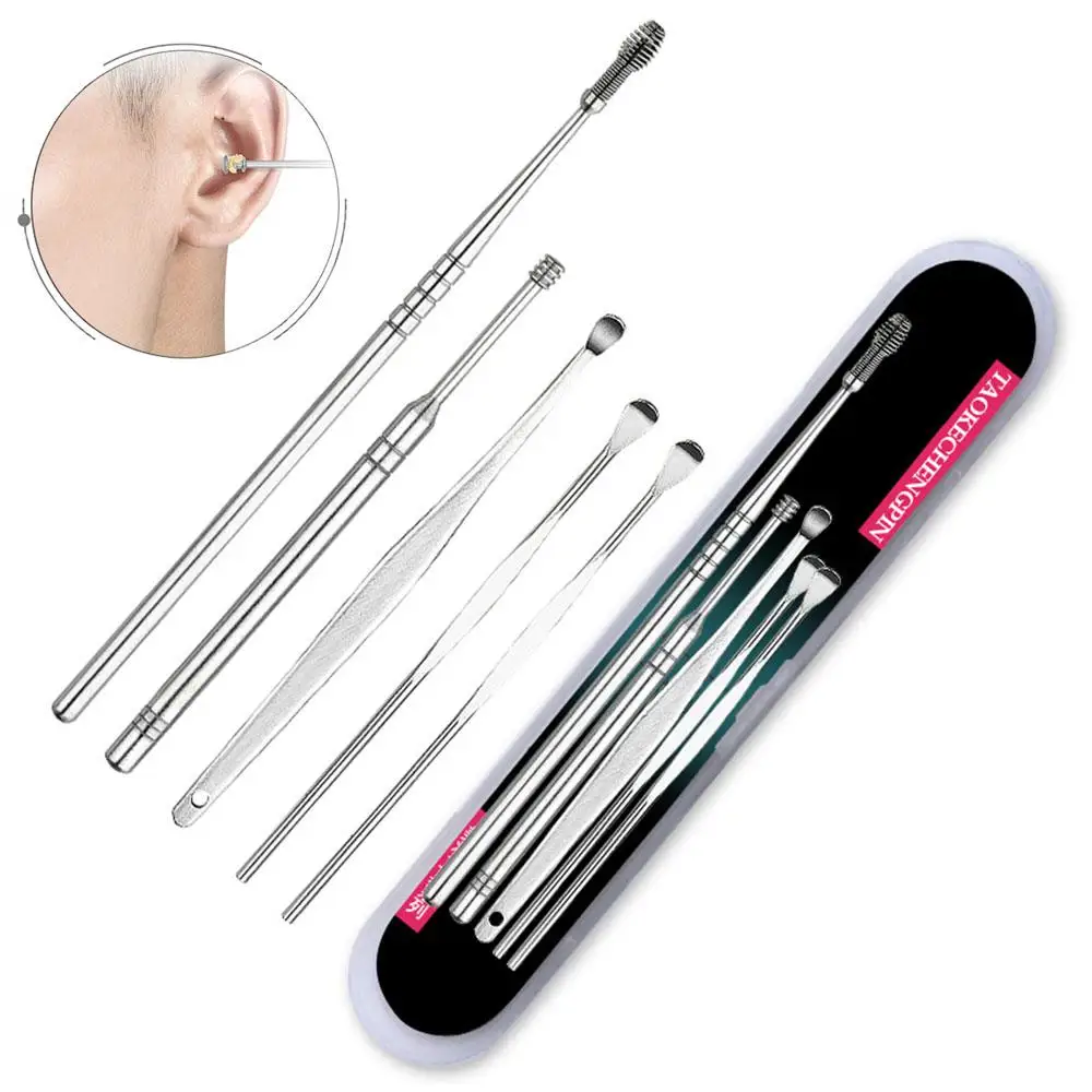 Set Ear Cleaner Kits Cotton Swab Stainless Steel Earpick Ear Wax Pick Curette Remover Spoon Spiral Ear Clean Tool with Case