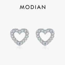 Modian Authentic 925 Sterling Silver Stud Earrings for Women Romantic Heart Earrings Shiny Clear CZ Wedding Engagement Jewelry