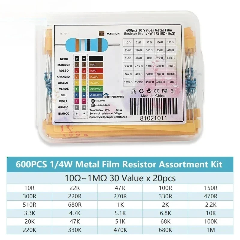 300/600 Uds 1/4W 1% Kit de resistencias de película metálica 30 valores 1Ω-10MΩ 0,25 W surtido de resistencias de precisión para electrónica DIY