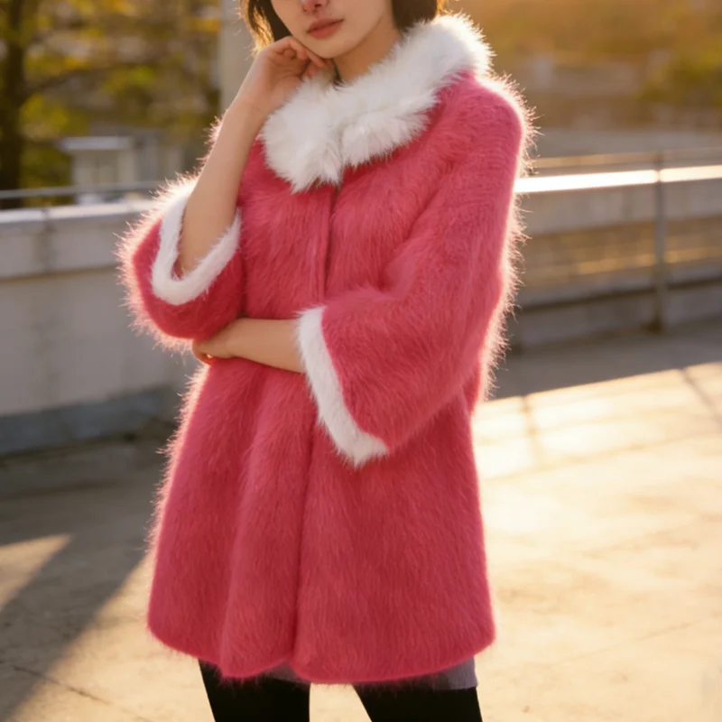 

Женское пушистое пальто из кашемира и норки, вязаное, осень-зима 2026, с толстым теплым меховым воротником, рукав 3/4, на молнии, повседневное, свитер-жакет