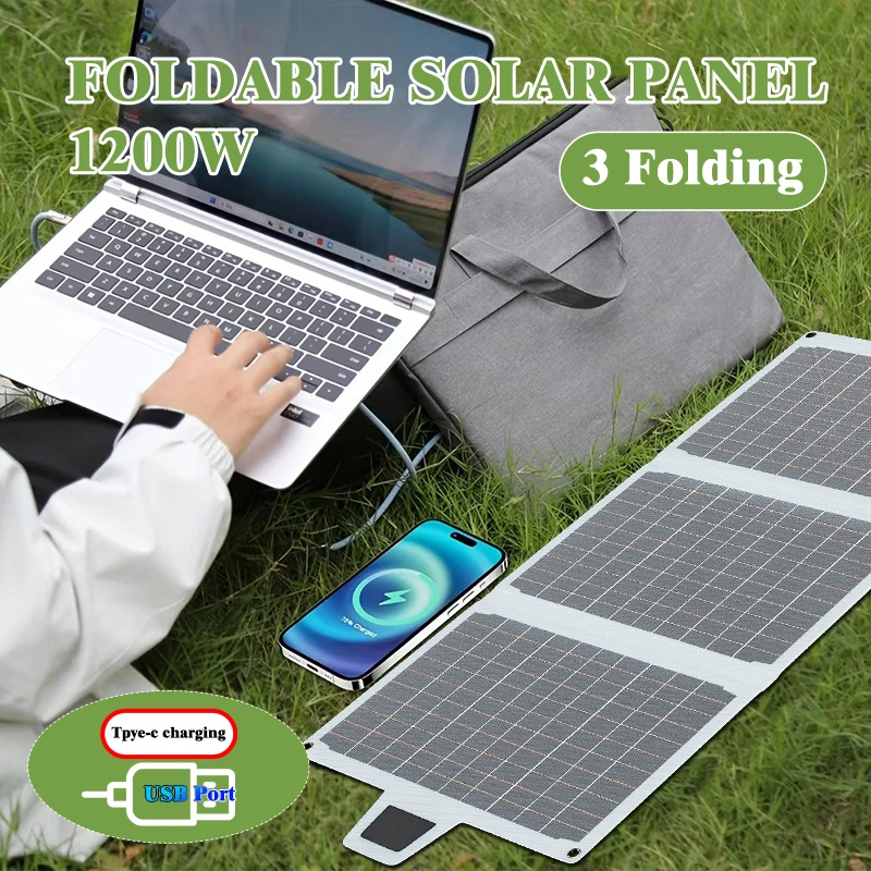 

1200W Foldable Solar Panel Lightweight & Portable for Outdoor Emergency Power USB Output Compatible with Camping/Fishing/RV