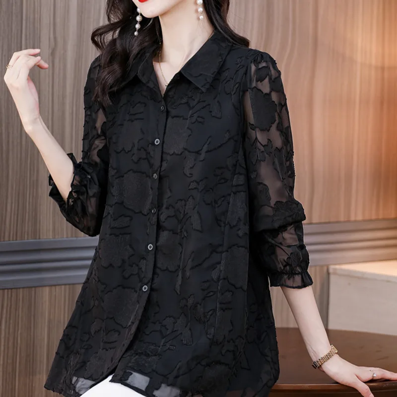 #2537 Spring Black Chiffon Shirt Women Long Sleeve Mid-length Women Tops And Blouses Turn-down Collar Office Shirt Female Loose