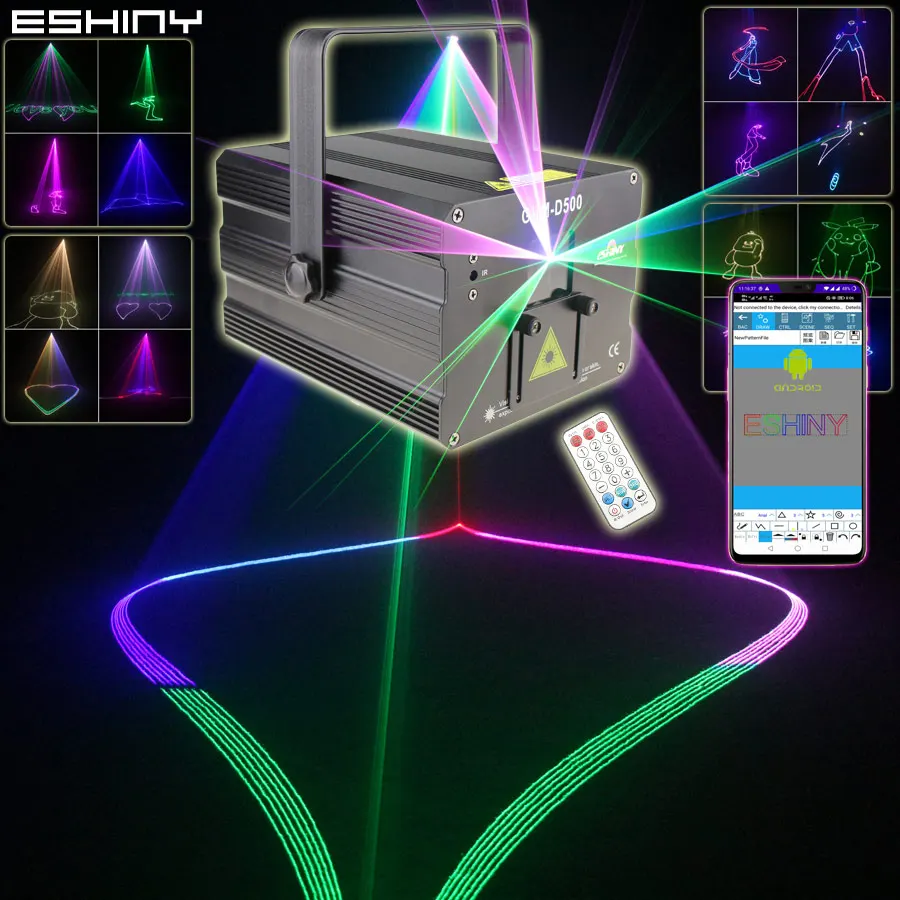 eshiny app animacao rgb linhas laser feixe palco luz projetor dmx dj dance bar professional system show g1n8 500mw 1w 2w 01