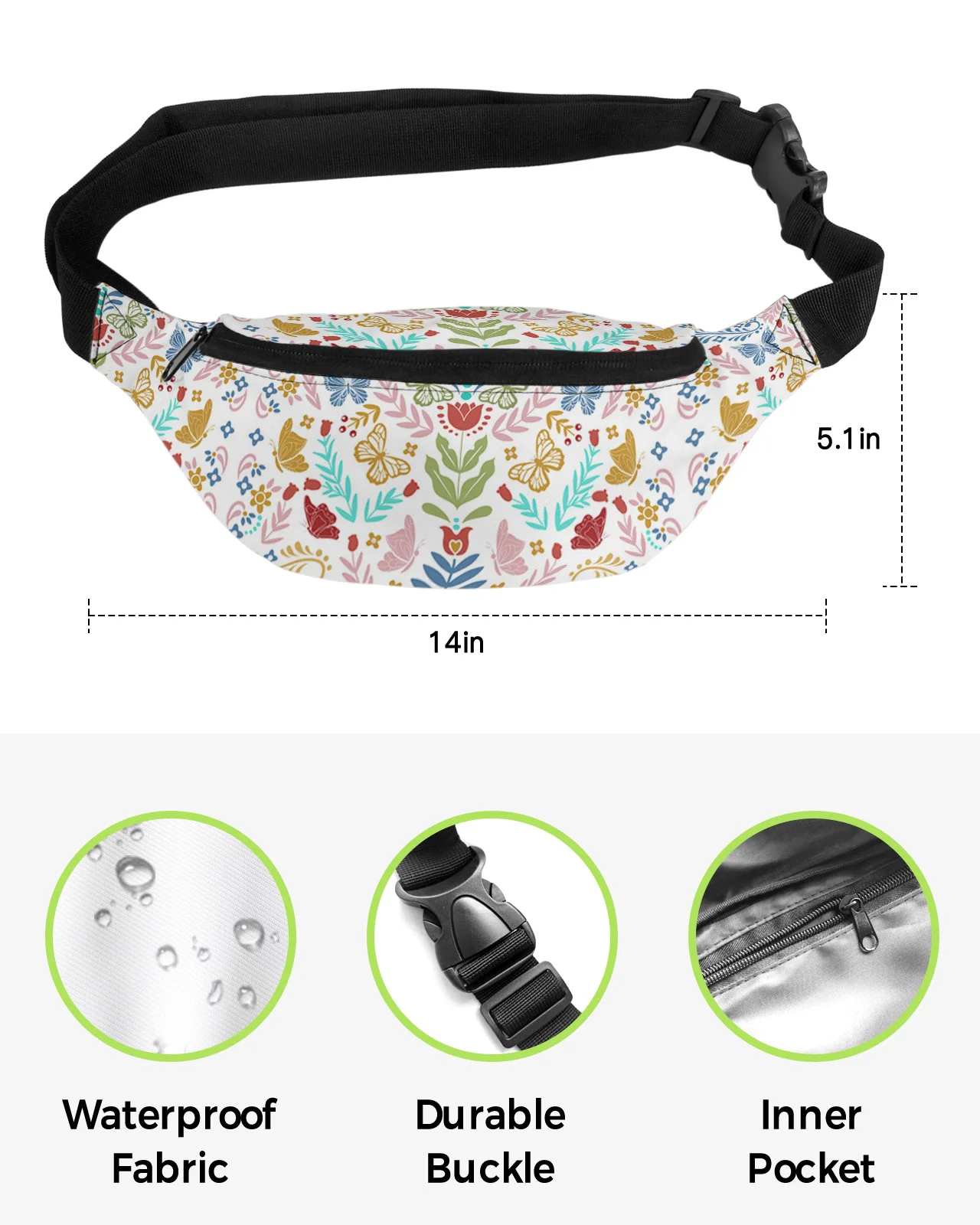 Mexico Butterfly Flower Leaf Dot Waist Bags for Women Man Travel Shoulder Crossbody Chest Bags Waterproof Fanny Pack