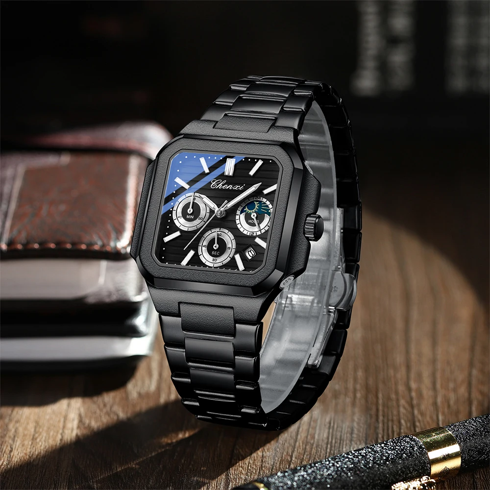 CHENXI Relógio de pulso masculino de negócios mostrador quadrado calendário display relógios de quartzo à prova d'água luminoso cronógrafo relógio masculino