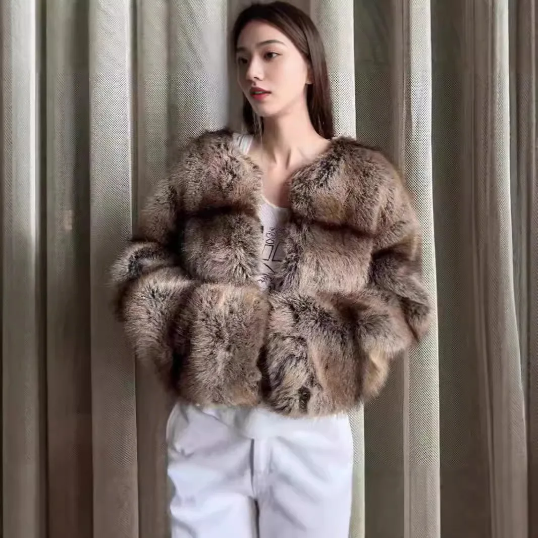 KIDCRKJ Women Winter Artificial Fur Outwear Round Neck Plaid Short Lady Mink Fur Jacket Versatile Chic Female Faux Fox Fur Coat