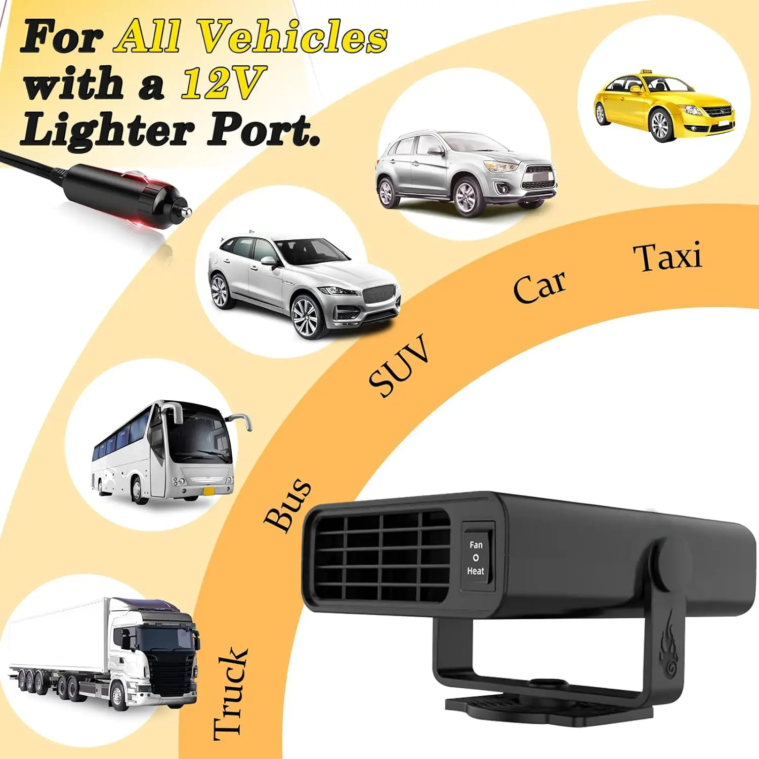 سخان سيارة 12 فولت مزيل الصقيع المحمول 200 وات مروحة تسخين سريعة للزجاج الأمامي باللون الأسود