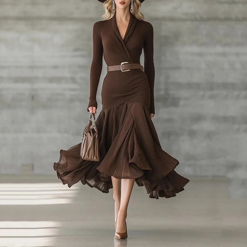 

Women's Brown Ribbed Knit Dress Elegant Surplice V Neck Long Sleeve Belted Ruffle Hem Midi Dress Formal Party Evening Dress