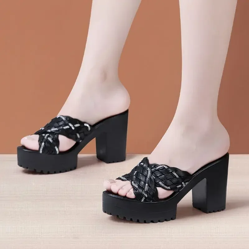 10cm Small Size 32-43 Thick Bottom Chunky Platform Shoes Summer 2024 Rhinestone Knit Block High Heels Slides Women Office Model