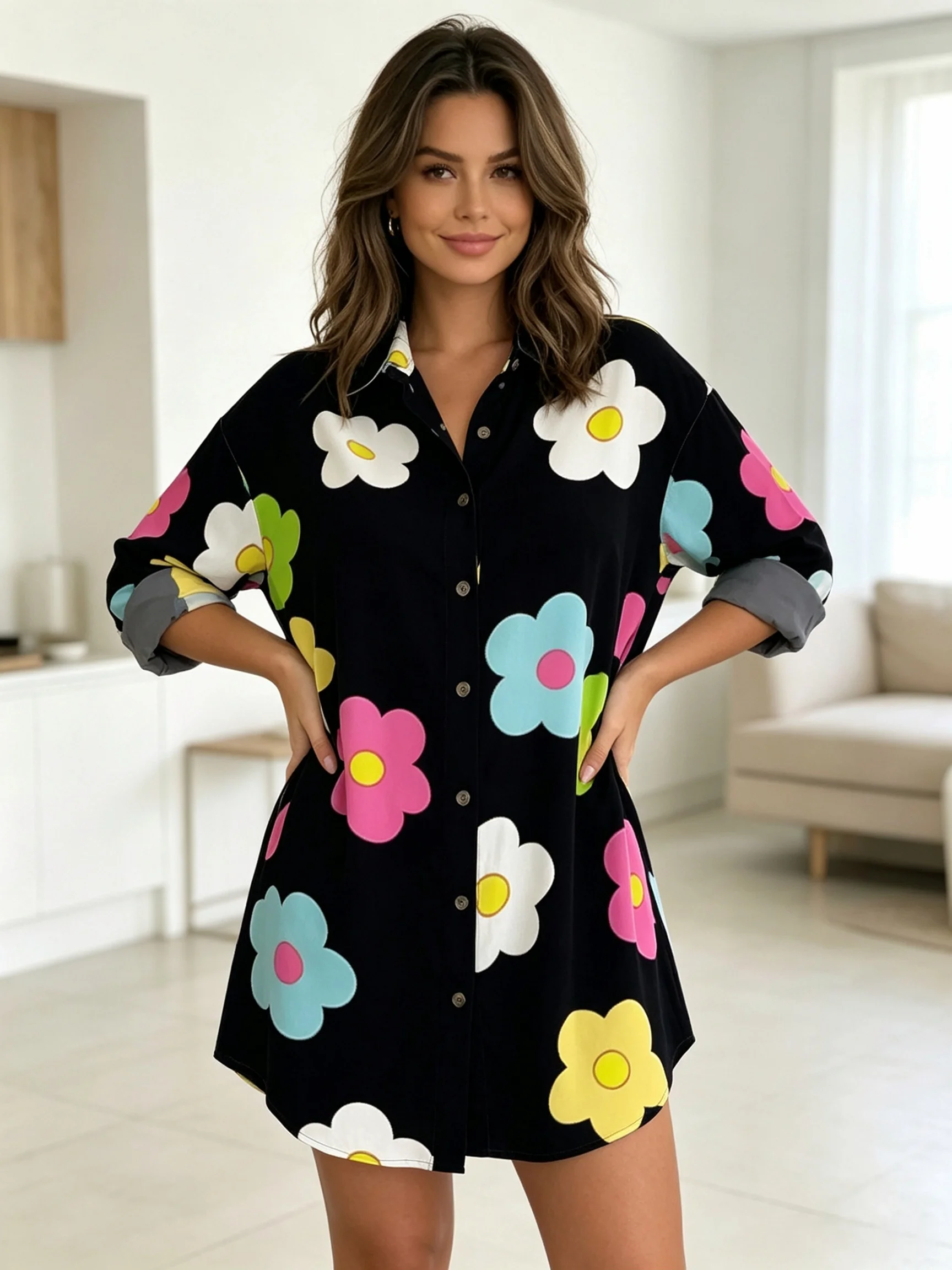 Romper Floral Print - Plusmaat damesjurk met bloemenprint, losvallende tuniekjurk
