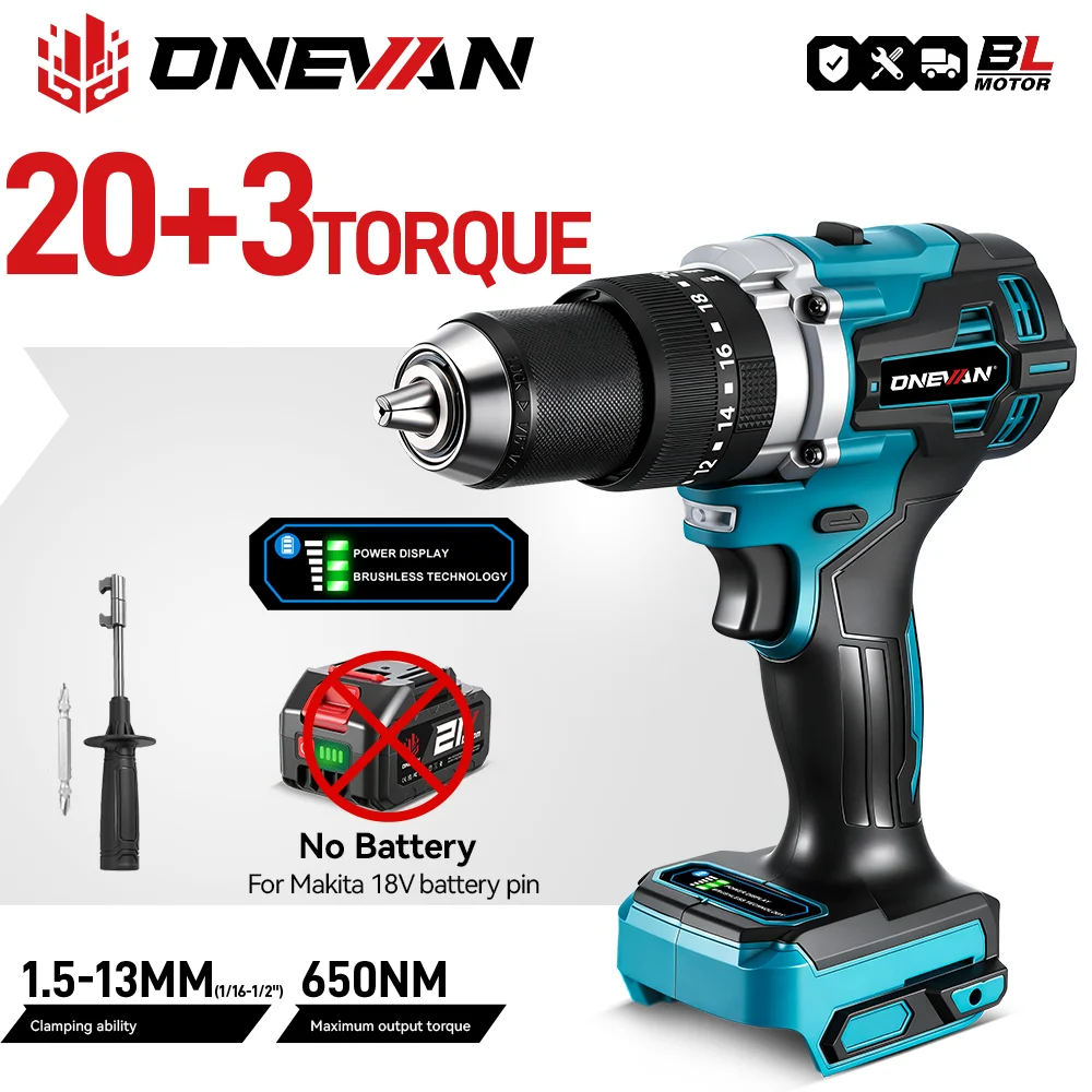 

ONEVAN 1500W Brushless Electric Impact Drill Cordless 20+3 Torque Multifunctional Electric Drill Tools For Makita Battery Pin