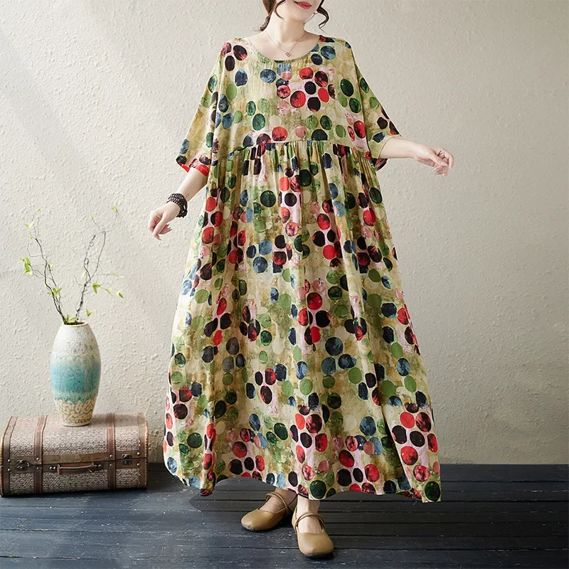 Vestido de verano estampado holgado a la moda, gran oferta de temporada, cuello redondo, manga corta, talla grande, estilo chino Simple y elegante para mujer