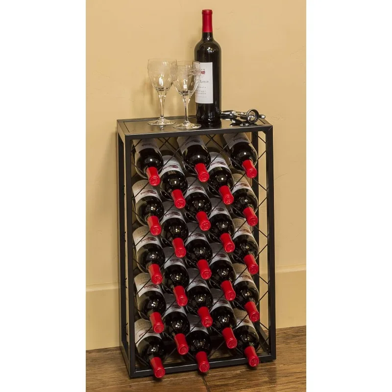 23 Bottle Black Wine Rack with Glass Top Shelf, Free Standing for Home, Kitchen and Bar