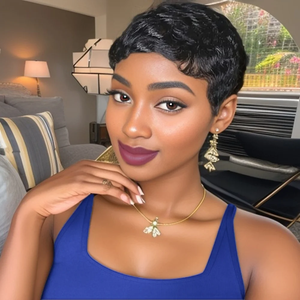 여성용 우아한 직선 인모 픽시컷 전체 기계 제작 가발, 데일리 파티용