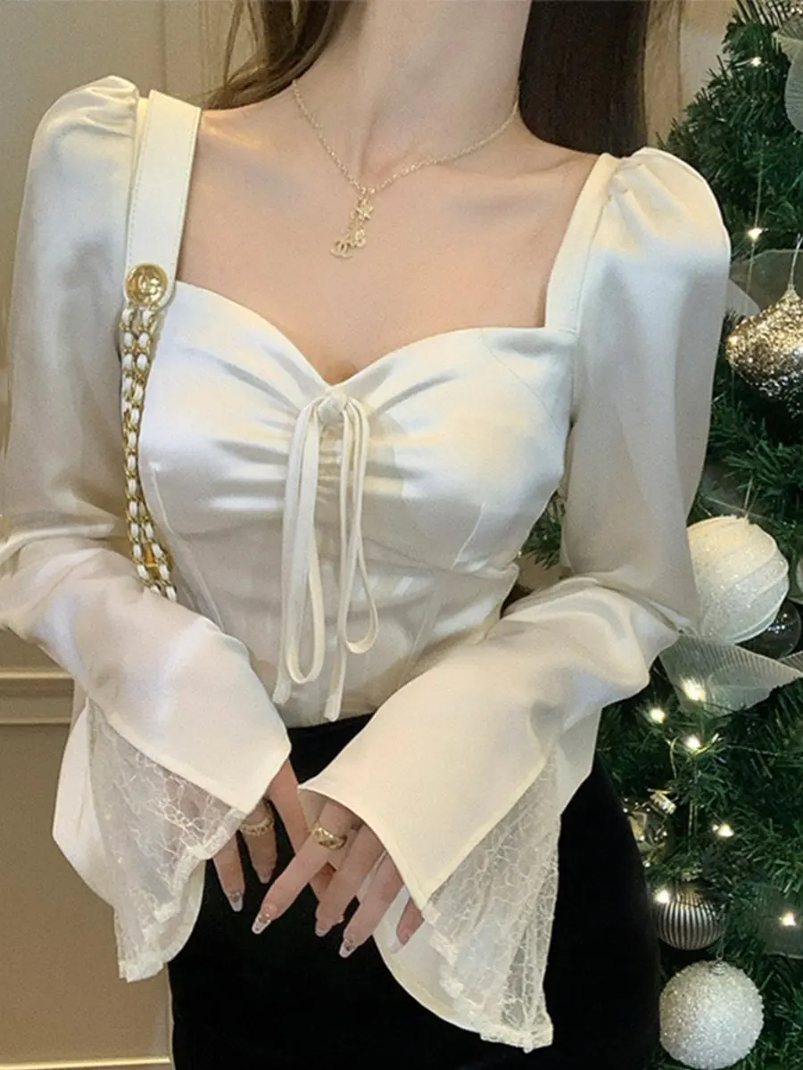 

White Short Sleeve Long Shirt Women's Design Sense Square Collar Spring Fashionable Personality French Style Pure Color Shirt