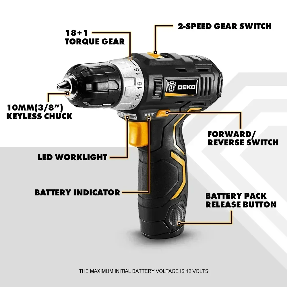 DEKO GCD12DU3 12-Volt Max Lithium-Ion Battery 32N.m 2-Speed Electric Cordless Drill Mini Drill Screwdriver Wireless Power Driver