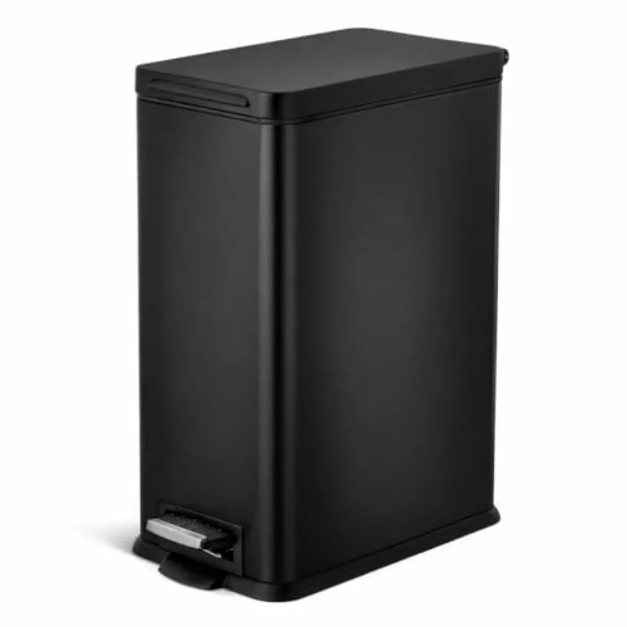 

8 Gallon Slim Kitchen Trash Can with Soft Close Lid, Step Pedal, Bag Tuck Band, and Removable Liner, Stainless Steel, Matte Bla