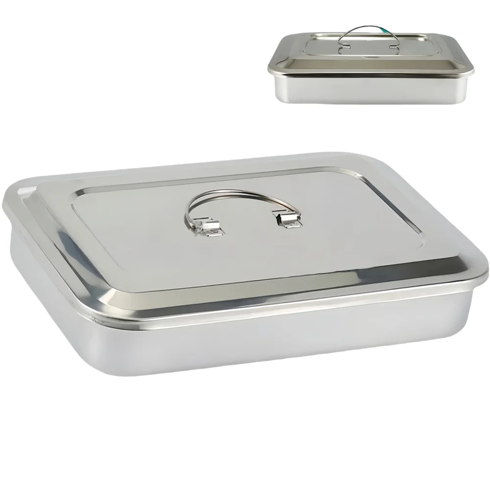 Dental Sterilization Box Thickened Stainless Steel Disinfection Tray with Square Cover for Surgical Instruments
