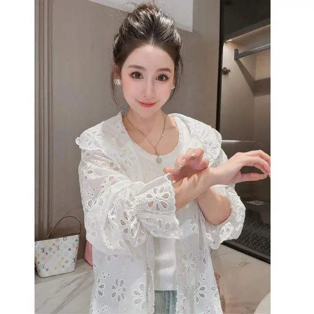 Hot Diamond Bluzka z długim rękawem Kurtka Letnia Nowa Przemysł Ciężki Hook-up Hollow Lace Wysokiej klasy klimatyzowana koszula z kapturem Top