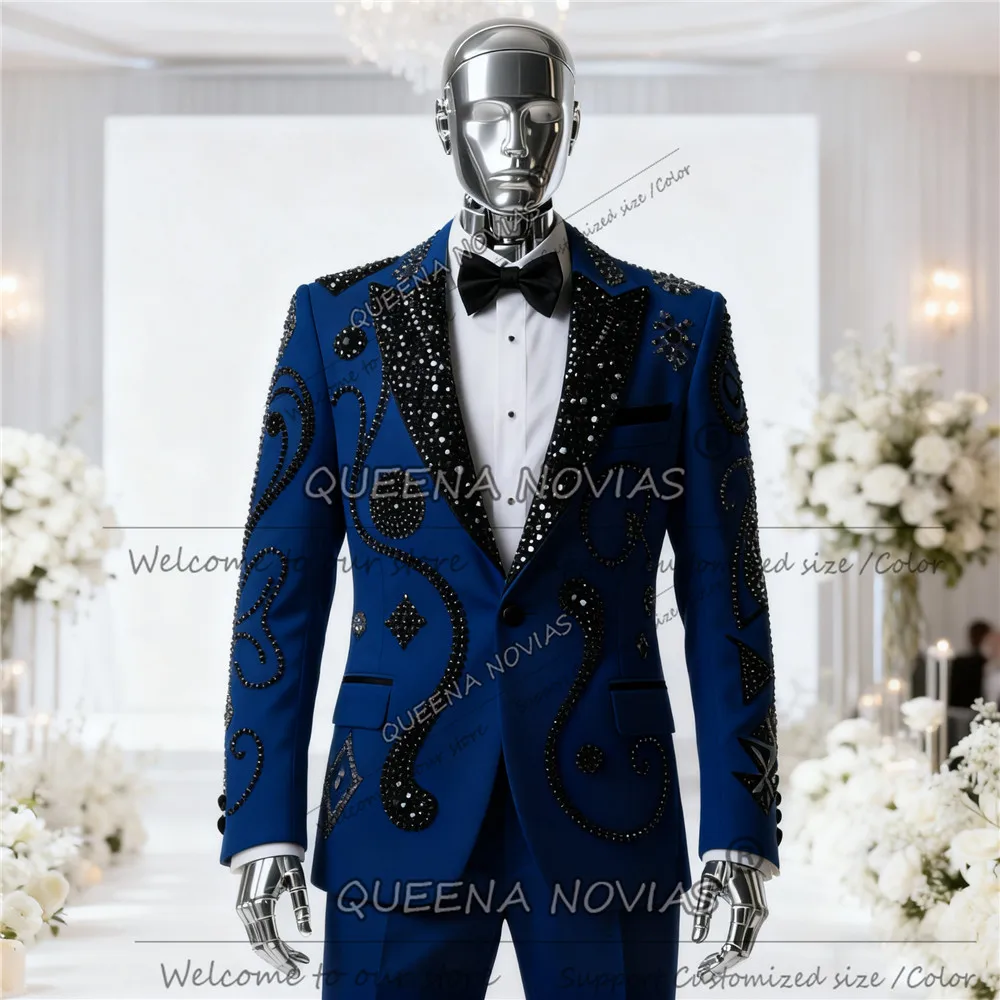 Brillante Perlen Perlen Bräutigam Hochzeitsanzug Slim Fit Pailletten Label Blazer Maßgeschneiderte Mann Bankett Kleidung Outfits Kostüme Homme