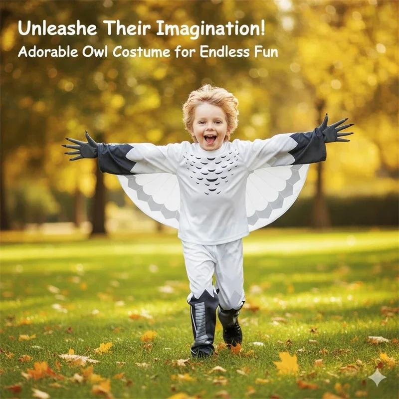 

Kids Owl Costume for Halloween Roleplay Animal Outfit for Boys Girls Bird Cosplay Set with Wings Nature Learning Gift