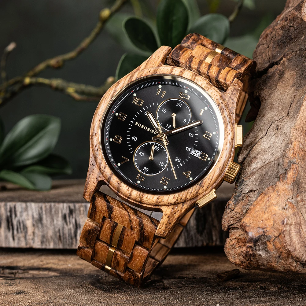 

BOBO BIRD Groom Best Man Wooden Watch Fashion Casual Quartz Watch Carved Wooden Chronograph Wristwatch Date Display Gift Watch