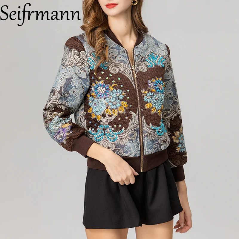 

Seifrmann Colorful printed small stand up collar long sleeved short style casual street style women's fashionable jacket