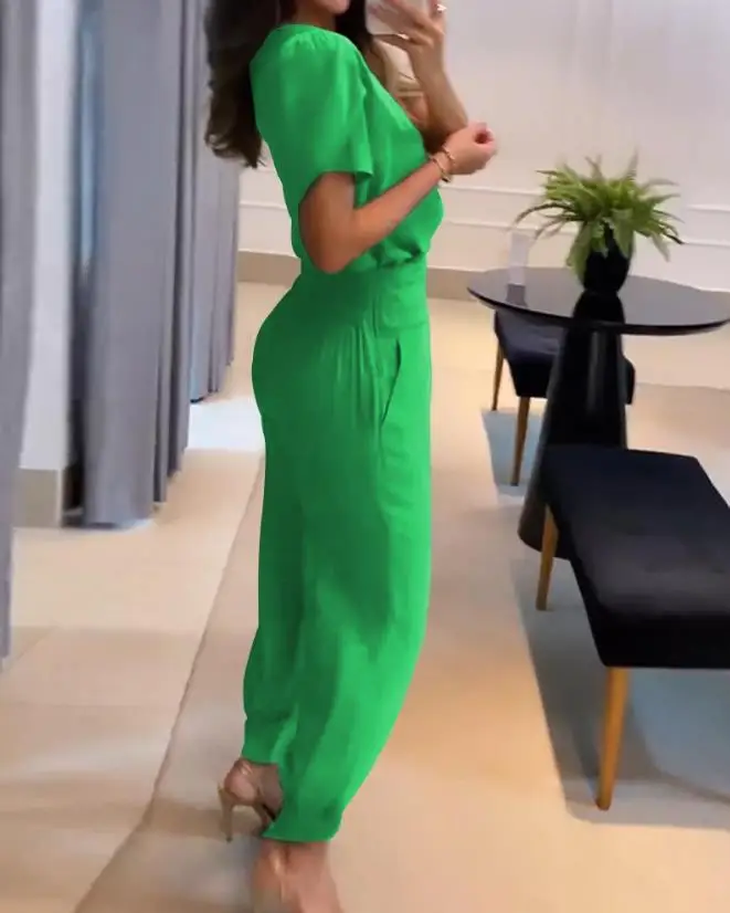 Women's 2024 New Fashion and Casual V-neck Printed Short sleeved Pants Set Two Pieces