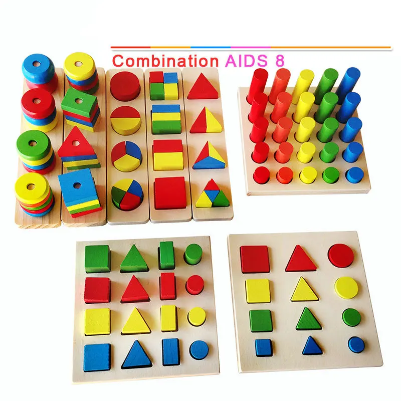 

Montessori Combination Teaching Aids Children Geometric Solids Building Blocks 8 Set Baby Early Learning Wooden Educational Toys