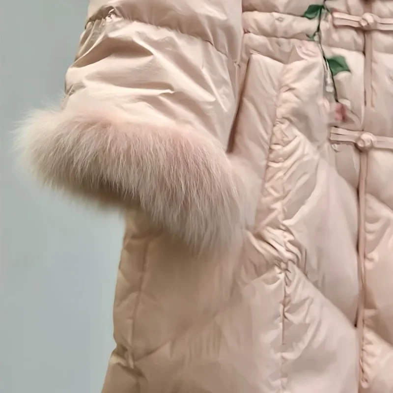 Down Winter Duck Cotton Long Imitation Fox Hair Splicing Large Size Women Coat New Chinese National Style Embroidery Warm Jacket