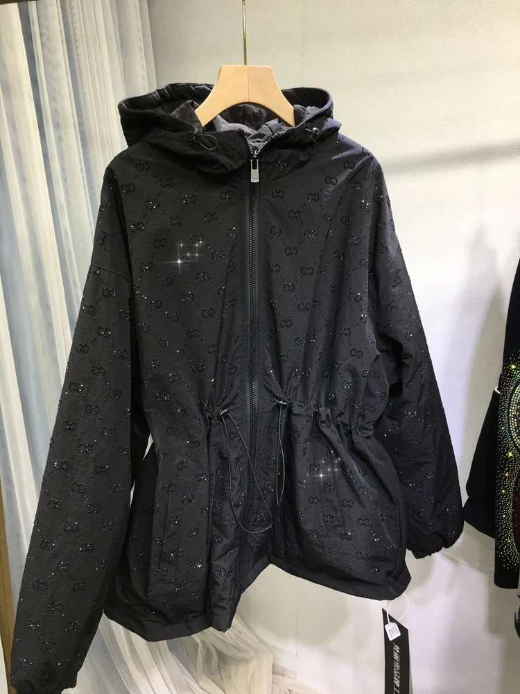 Heavy industry hot stamping diamond windbreaker women's loose medium to long style waist slimming hooded spring autumn style