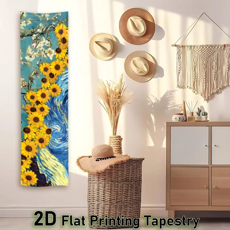 Long Vertical Tapestry, Starry Moon Night, Sunflower Mural, Living Room, Apartment Background, Wall Decoration, Room Decoration