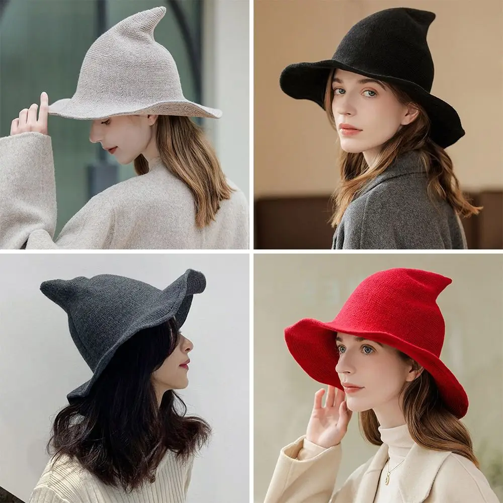 Fashion Vintage Witch Hat Party Portable Wool Knit Hat Halloween Masquerade Cap for Women