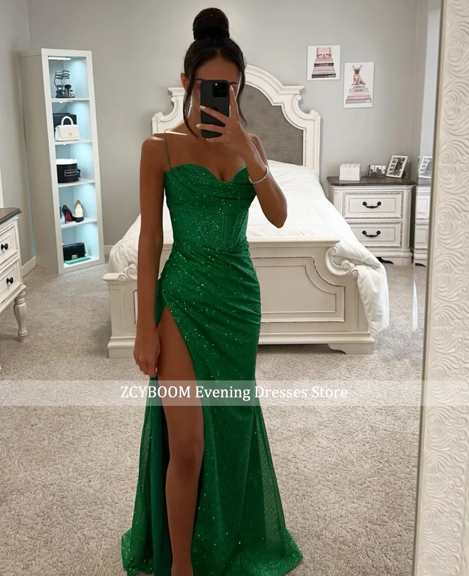 Sexy Rose Gold Sparkling Tulle Mermaid Evening Dresses 2023 Side Slit Floor Length Spaghetti Straps Graduation Party Prom Gowns