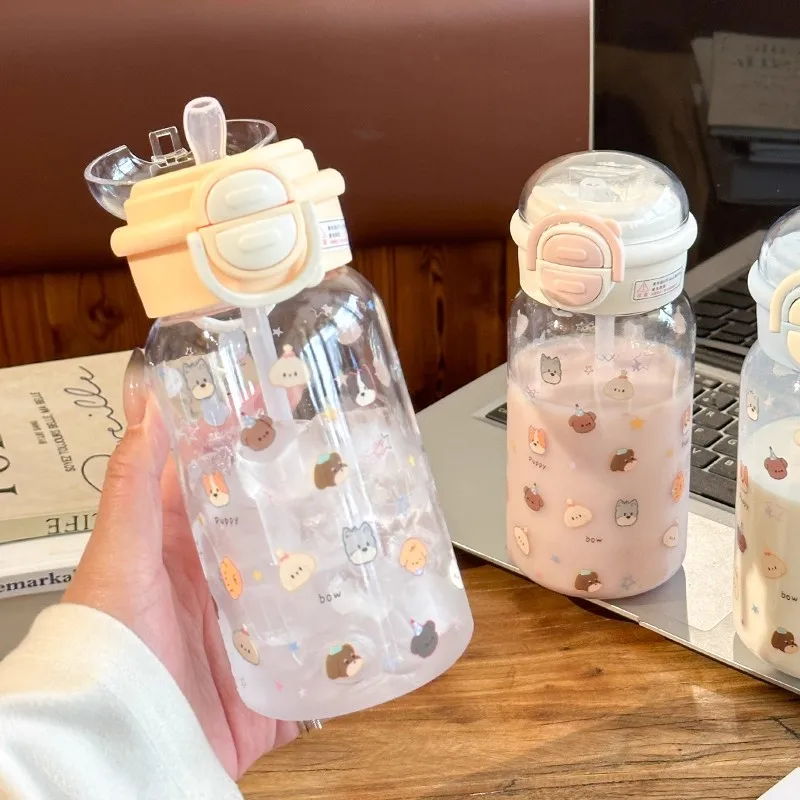 

600ml Kids Water Bottle Tumbler For Ice Coffee Juice Tea Cute Bowknot Plastic Cups With Straw Lid Portable Drinking Bottle