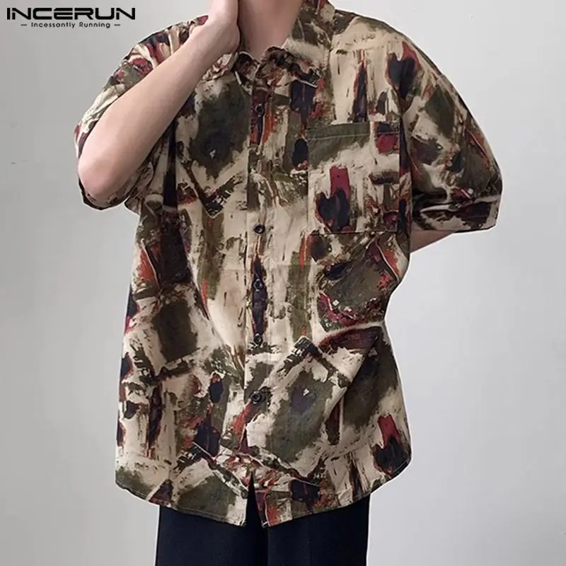 2024 Men Shirt Printing Summer Korean Style Loose Lapel Short Sleeve Fashion Shirts Streetwear Casual Men Clothing S-5XL INCERUN