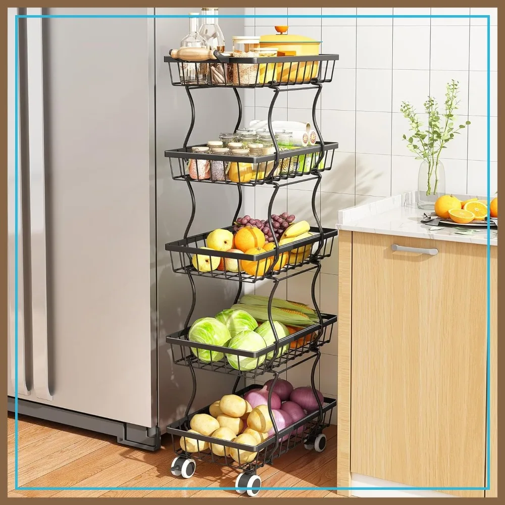 

5 Tier Stackable Metal Wire Basket Stand for Fruit, Vegetable, Snacks, Jars, Bins Containers Organization - Black