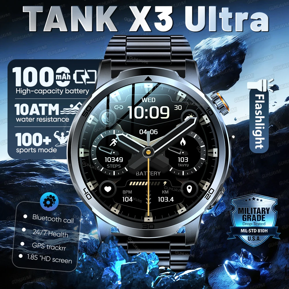 

New Military TANK Ultra 1000mAh Battery Smart Watch For Men 1.85" AMOLED 10ATM Waterproof Wireless Call Sports trackr Smartwatch