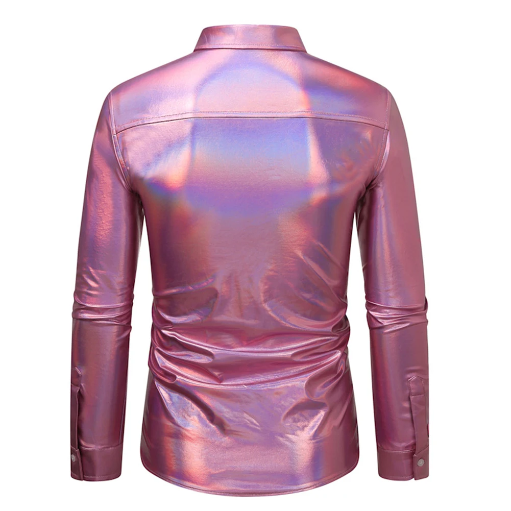 Fashion Hot Men Shirt Top Attractive Autumn Button Down Disco Gold/Silver/Pink Lapel Nightclub Party Sexy Shiny