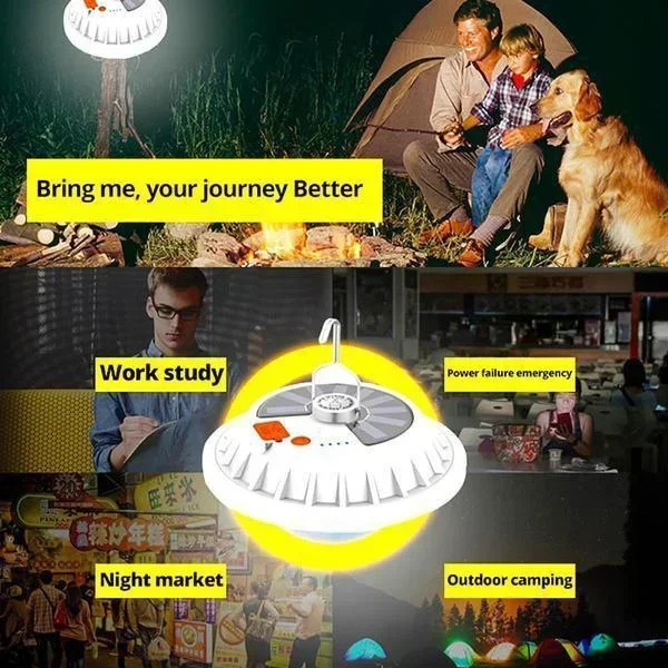 Solar Rechargeable LED Flying Saucer Bulb Light Outdoor Camping Night Market Waterproof Lighting