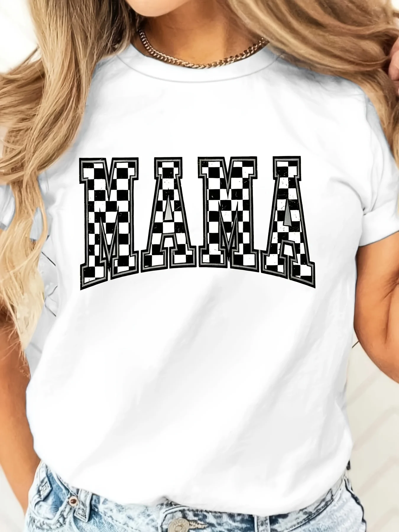 Checkered Mama Print T-Shirt, Racing Theme Mom Gift, Casual Daily Wear