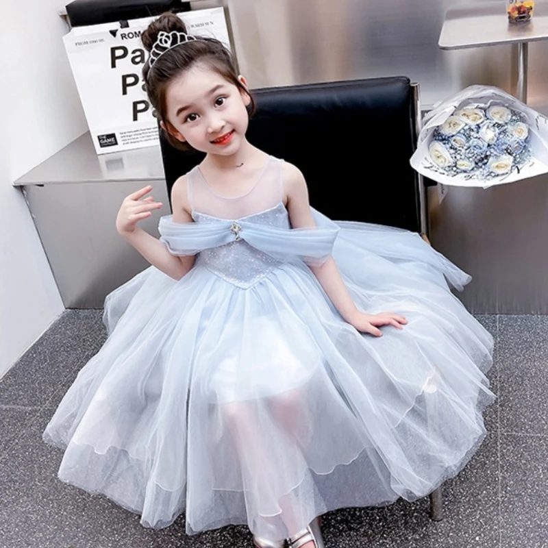 3 5 to 6 7 8 Years Old Flower Girls Babies Weddings Ceremony Elegant Evening Dresses Kids Children\'s Luxury Party Blue Clothes