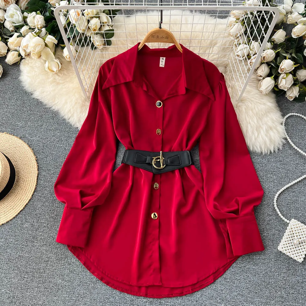 Single Breasted Blouses Dresses Long Sleeve Casual Knee Length Dress Turn Down Collar Solid Vestidos Loose Button Sashes 2024